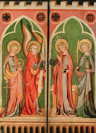 Verkündigung mit den Heiligen Barbara und Katharina, 1310-40 von School of Cologne